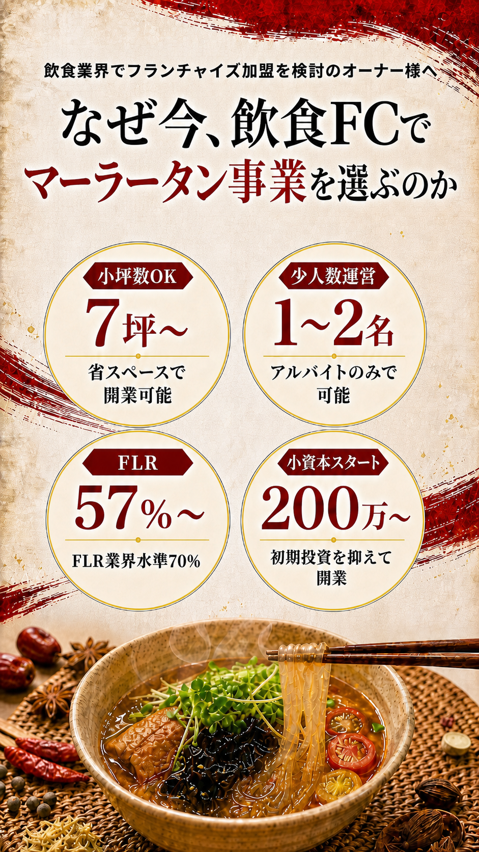 飲食業界でフランチャイズ加盟を検討のオーナー様へ。なぜ飲食FCでマーラータン事業を選ぶのか。フランチャイズ加盟店大募集。1号店は加盟金0円。